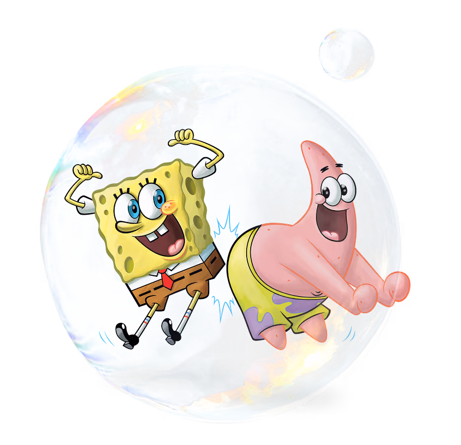 SüngerBob ve Patrick, büyük ve küçük renkli baloncuklar içinde neşeyle yüzerken.