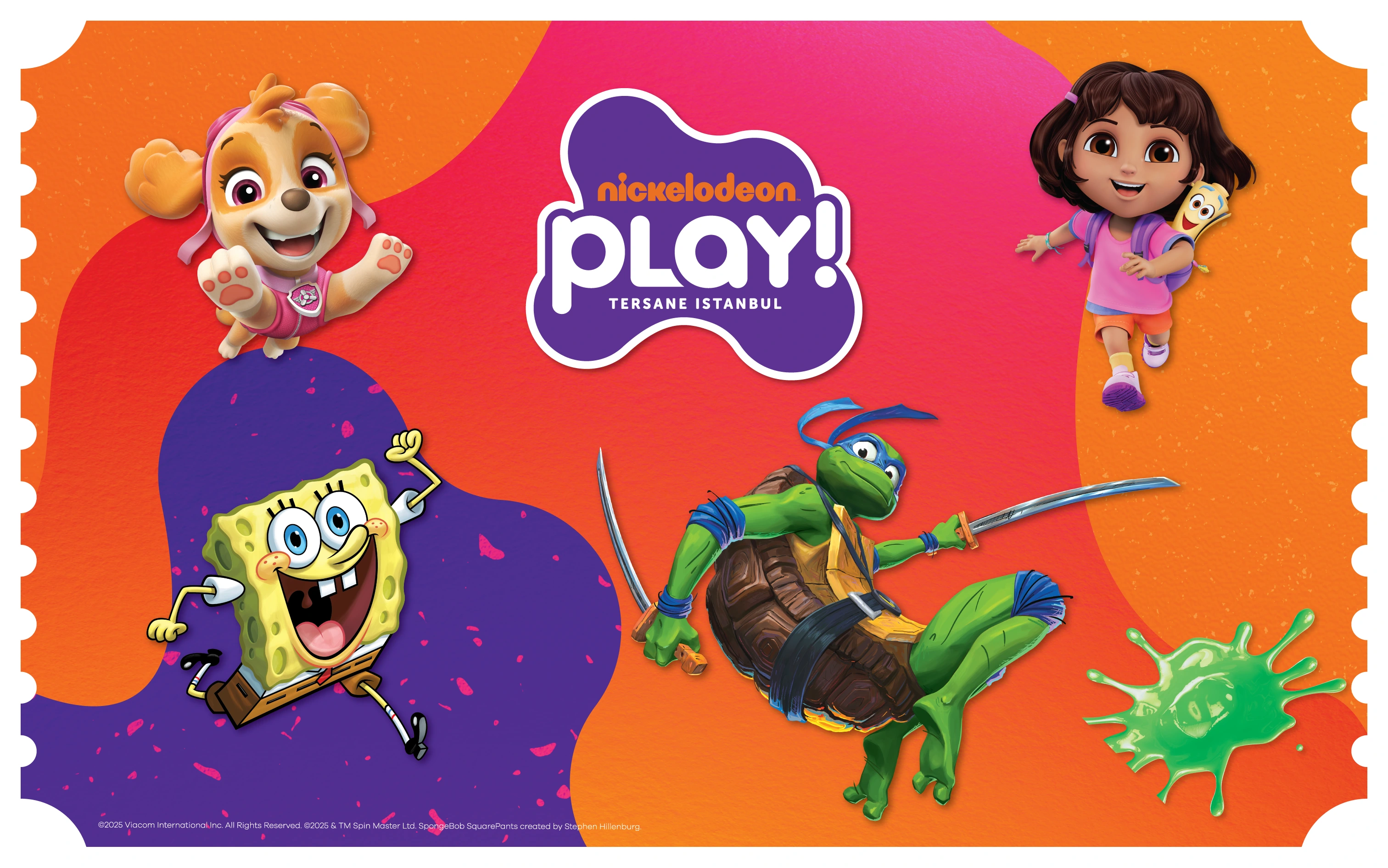 Bilet Görseli. Nickelodeon Play! Tersane İstanbul logosu ve Paw Patrol, SüngerBob, Ninja Kaplumbağa, Dora karakterleri.